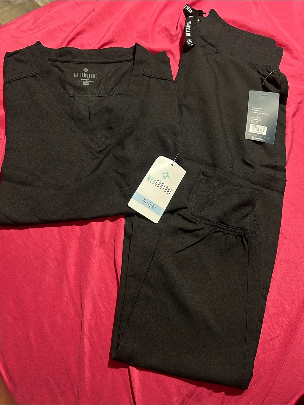 Med Couture Black Scrub Set - V-Neck Top & Elastic Waist Jogger Pants SIZE XS